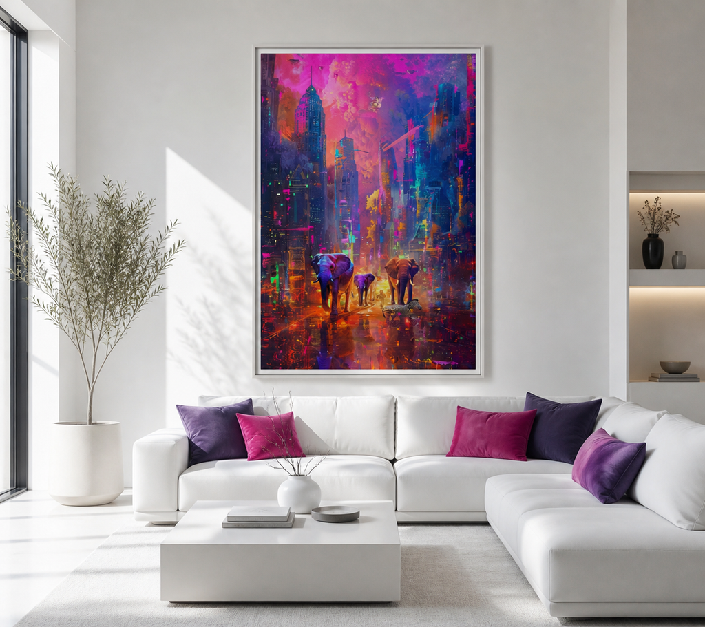 Elephants in the City II Framed canvas