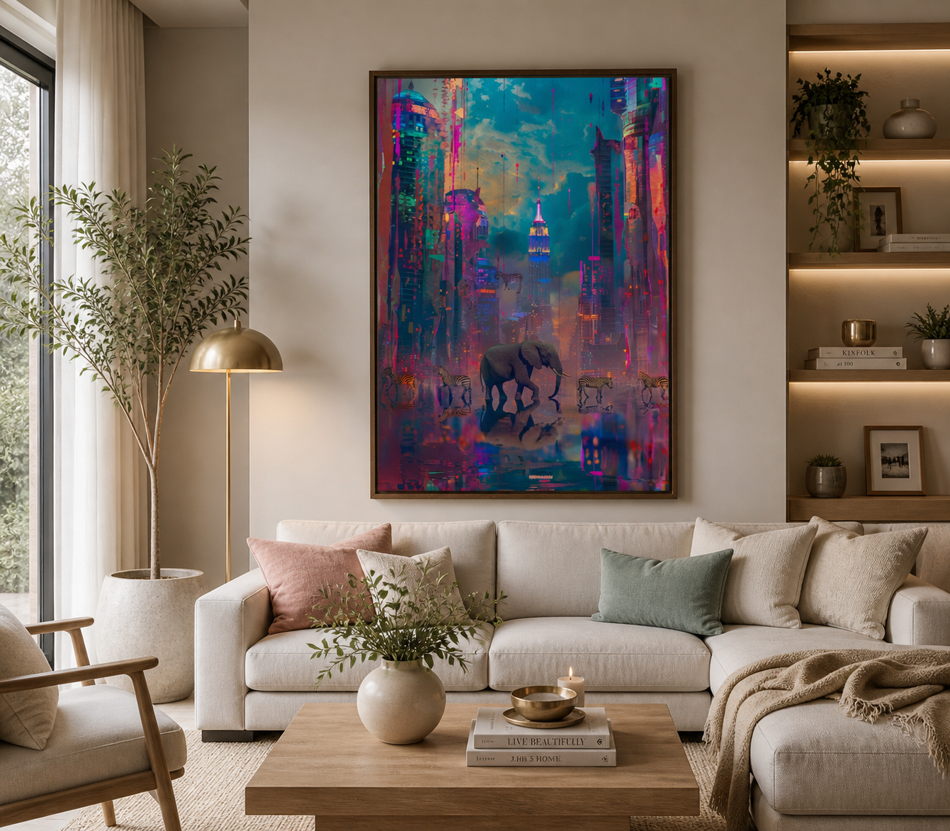 Elephant in the city Framed canvas